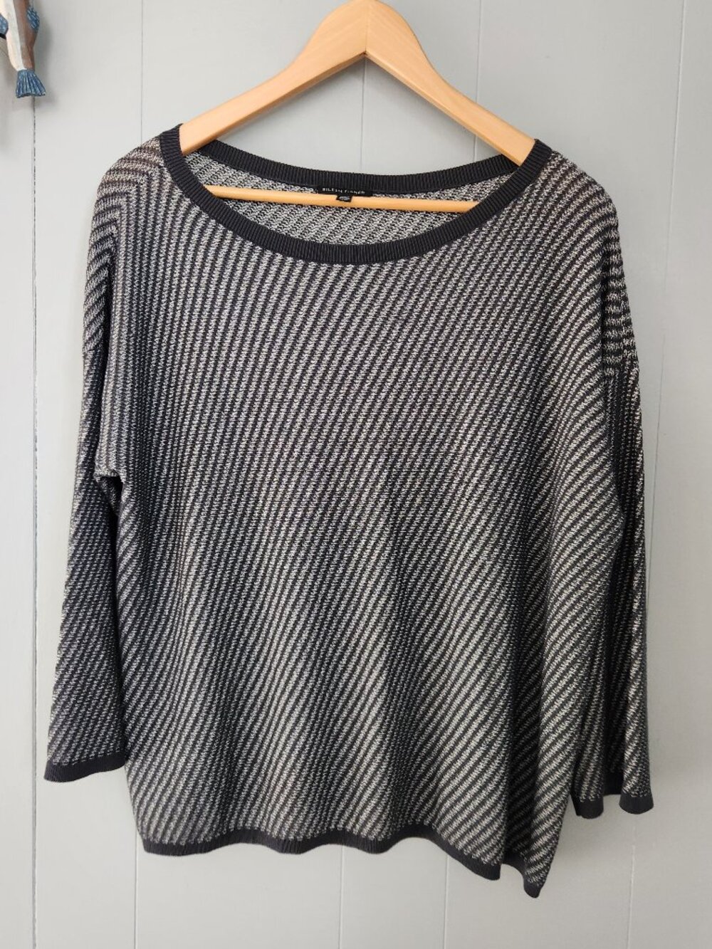 Eileen Fisher gray diagonal stripe dropped shoulder tencel sweater pullover